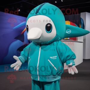 Turquoise Whale mascot costume character dressed with a Windbreaker and Necklaces