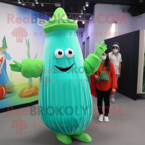 Cyan Cucumber mascot costume character dressed with a Wrap Dress and Hats