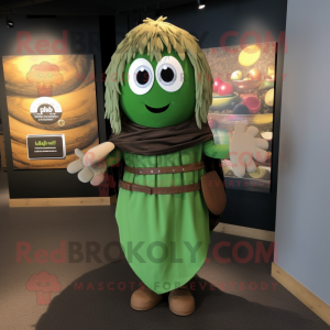 Olive Celtic Shield mascot costume character dressed with a Midi Dress and Scarves