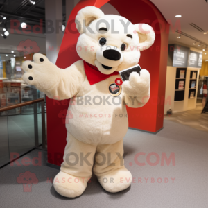 Cream Teddy Bear mascot costume character dressed with a Long Sleeve Tee and Wallets
