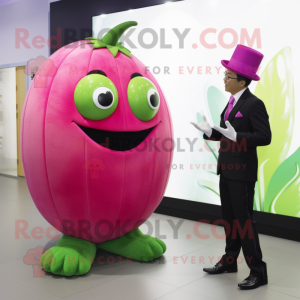 Magenta Melon mascot costume character dressed with a Suit and Watches