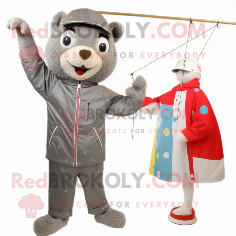 Gray Tightrope Walker mascot costume character dressed with a Windbreaker and Brooches