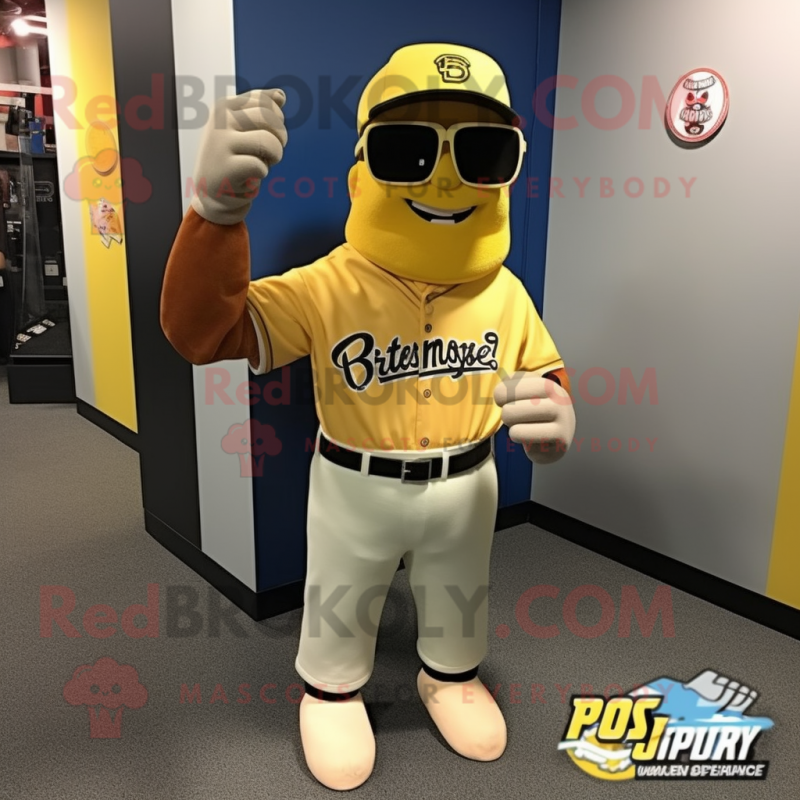 Yellow Baseball Glove mascot costume character dressed with a Cargo Pants and Sunglasses