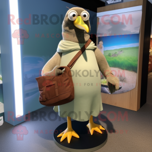 Olive Gull mascot costume character dressed with a Maxi Dress and Briefcases