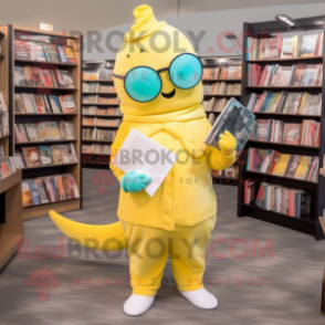 Yellow Narwhal mascot costume character dressed with a Romper and Reading glasses