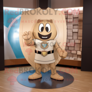 Tan Celtic Shield mascot costume character dressed with a Suit Pants and Bow ties
