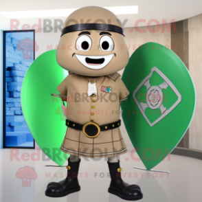 Tan Celtic Shield mascot costume character dressed with a Suit Pants and Bow ties