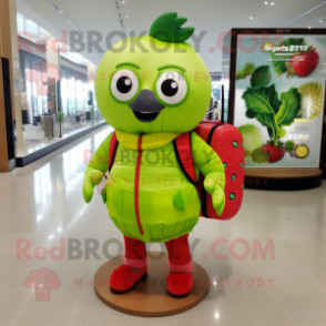 Lime Green Strawberry mascot costume character dressed with a Parka and Backpacks