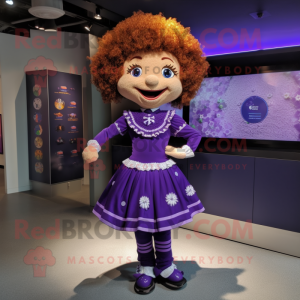 Purple Irish Dancer mascot costume character dressed with a A-Line Skirt and Hair clips