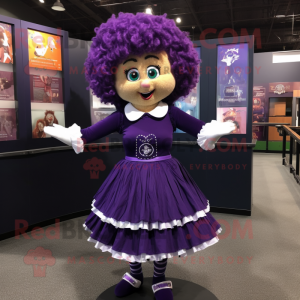 Purple Irish Dancer mascot costume character dressed with a A-Line Skirt and Hair clips