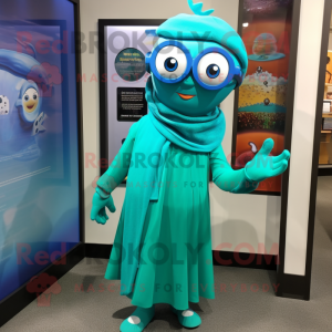 Turquoise Bracelet mascot costume character dressed with a Wrap Dress and Eyeglasses