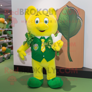 Lemon Yellow Bunch Of Shamrocks mascot costume character dressed with a Rugby Shirt and Lapel pins