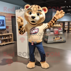 Tan Jaguar mascot costume character dressed with a Flare Jeans and Beanies