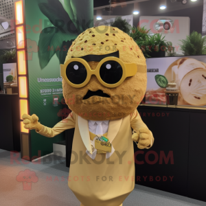 Gold Falafel mascot costume character dressed with a Mini Dress and Sunglasses