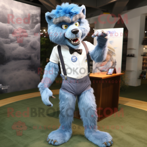 Sky Blue Werewolf mascot costume character dressed with a Oxford Shirt and Shoe clips