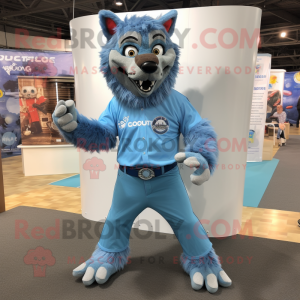 Sky Blue Werewolf mascot costume character dressed with a Oxford Shirt and Shoe clips