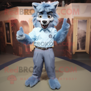 Sky Blue Werewolf mascot costume character dressed with a Oxford Shirt and Shoe clips