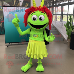 Lime Green Jambalaya mascot costume character dressed with a Oxford Shirt and Hair clips