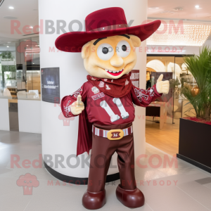 Maroon Cowboy mascot costume character dressed with a Mini Skirt and Pocket squares