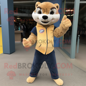 Beige Mongoose mascot costume character dressed with a Jeans and Bracelet watches