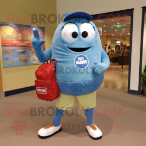 Blue Bagels mascot costume character dressed with a Denim Shorts and Messenger bags