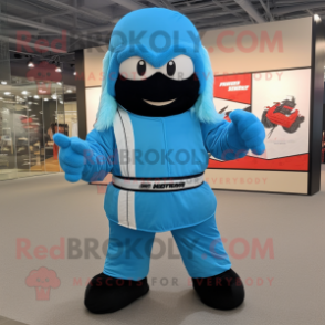 Sky Blue Ninja mascot costume character dressed with a Bomber Jacket and Belts