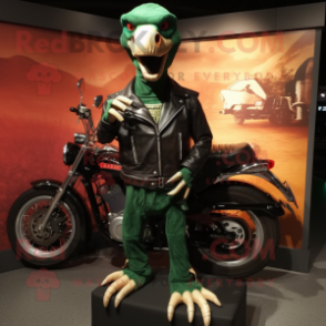 Forest Green Deinonychus mascot costume character dressed with a Biker Jacket and Handbags