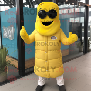Lemon Yellow Bbq Ribs mascot costume character dressed with a Parka and Smartwatches
