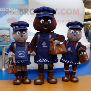 Navy Chocolates mascot costume character dressed with a Dungarees and Handbags