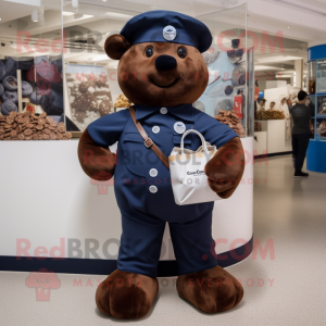 Navy Chocolates mascot costume character dressed with a Dungarees and Handbags