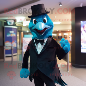 Cyan Crow mascot costume character dressed with a Suit Jacket and Bow ties