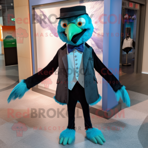 Cyan Crow mascot costume character dressed with a Suit Jacket and Bow ties