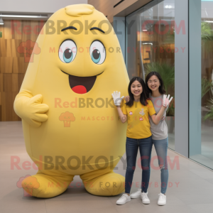 Lemon Yellow Potato mascot costume character dressed with a Mom Jeans and Foot pads