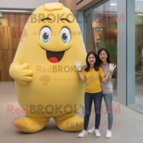 Lemon Yellow Potato mascot costume character dressed with a Mom Jeans and Foot pads