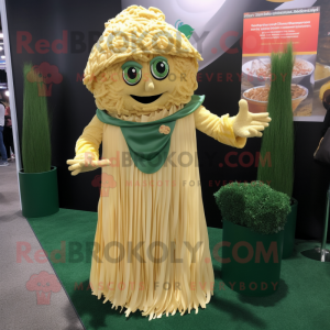 Gold Pesto Pasta mascot costume character dressed with a Wrap Skirt and Lapel pins