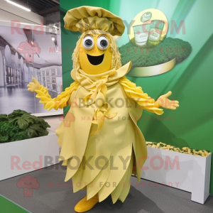 Gold Pesto Pasta mascot costume character dressed with a Wrap Skirt and Lapel pins