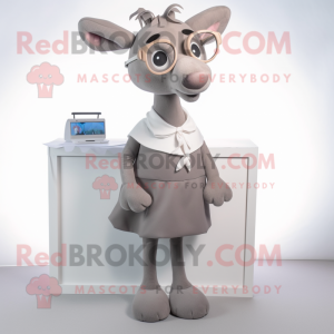 Gray Deer mascot costume character dressed with a Wrap Skirt and Eyeglasses