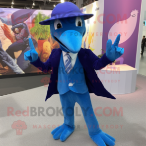 Blue Pterodactyl mascot costume character dressed with a Suit Pants and Beanies