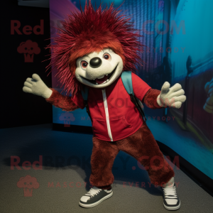 Maroon Porcupine mascot costume character dressed with a Jeans and Headbands