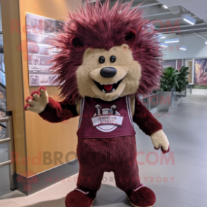 Maroon Porcupine mascot costume character dressed with a Jeans and Headbands