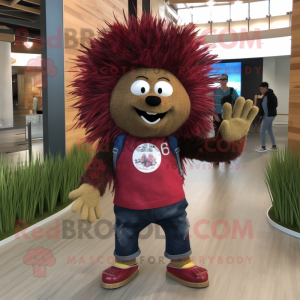 Maroon Porcupine mascot costume character dressed with a Jeans and Headbands