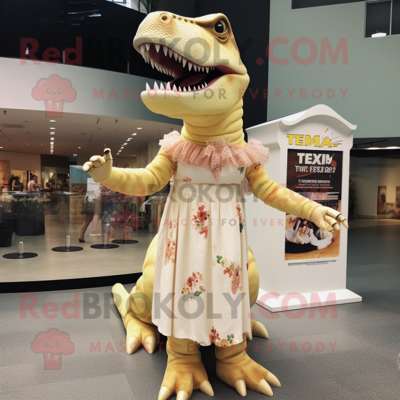 Cream T Rex mascot costume character dressed with a Maxi Dress and Hair clips