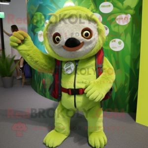 Lime Green Sloth mascot costume character dressed with a Playsuit and Backpacks