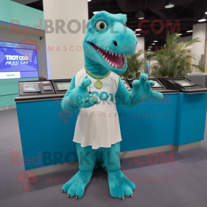 Turquoise T Rex mascot costume character dressed with a Wrap Skirt and Bracelet watches
