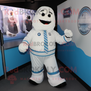 White Ice mascot costume character dressed with a Suit and Shoe laces