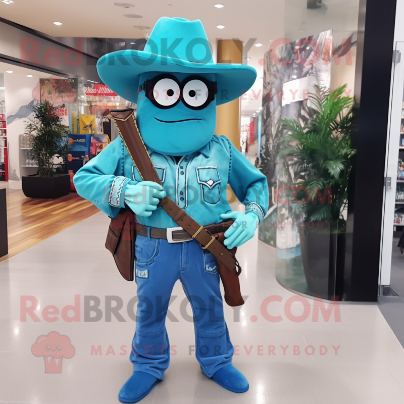 Turquoise Sniper personaggio mascotte costume vestito con un Boyfriend  Jeans e papillon