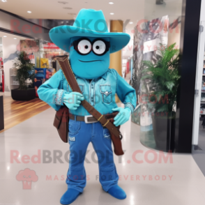 Turquoise Sniper mascot costume character dressed with a Boyfriend Jeans and Bow ties