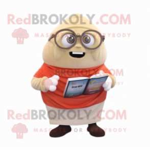 Beige Shakshuka mascot costume character dressed with a Henley Tee and Reading glasses