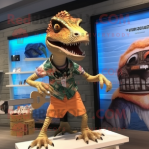 Tan Velociraptor mascot costume character dressed with a Board Shorts and Keychains