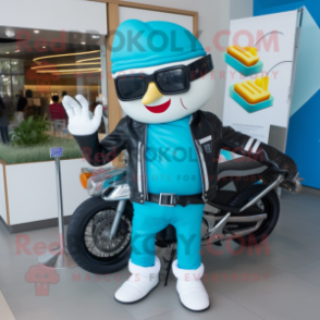 Cyan Hamburger mascot costume character dressed with a Moto Jacket and Handbags